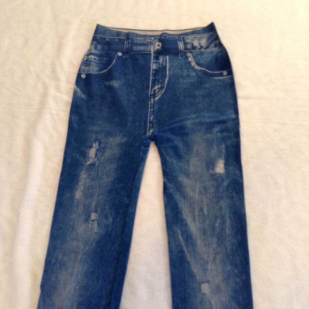 Style Blue leggings w fuax print on legs M NWOT